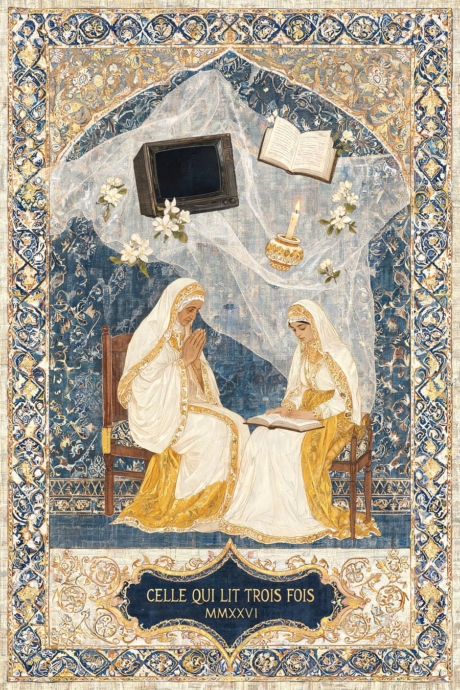 Celle Qui Lit Trois Fois — carte en soie et or : une grand-mère prie près d'une jeune femme qui lit, sous un voile.