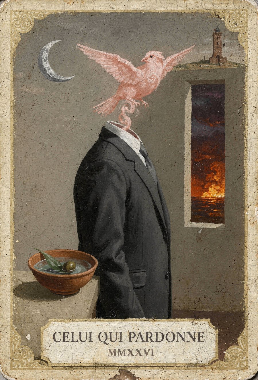 Celui Qui Pardonne — carte du jeu : un homme sans tête lit une lettre ; un oiseau de fumée rose monte de son col.