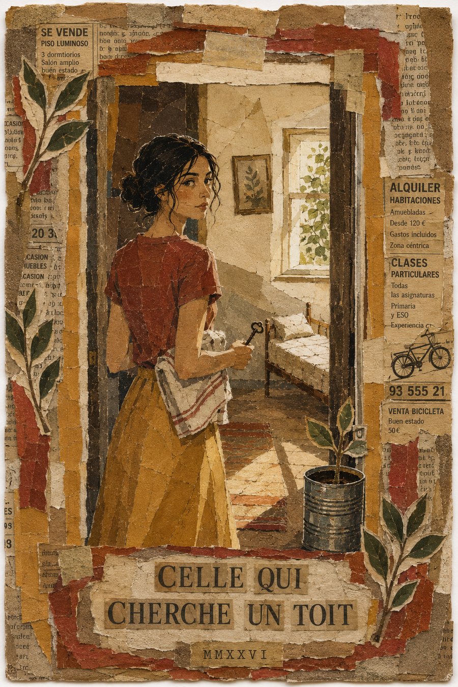 Carte V — une jeune femme avec une clé regarde en arrière sur le seuil ; collage de petites annonces.