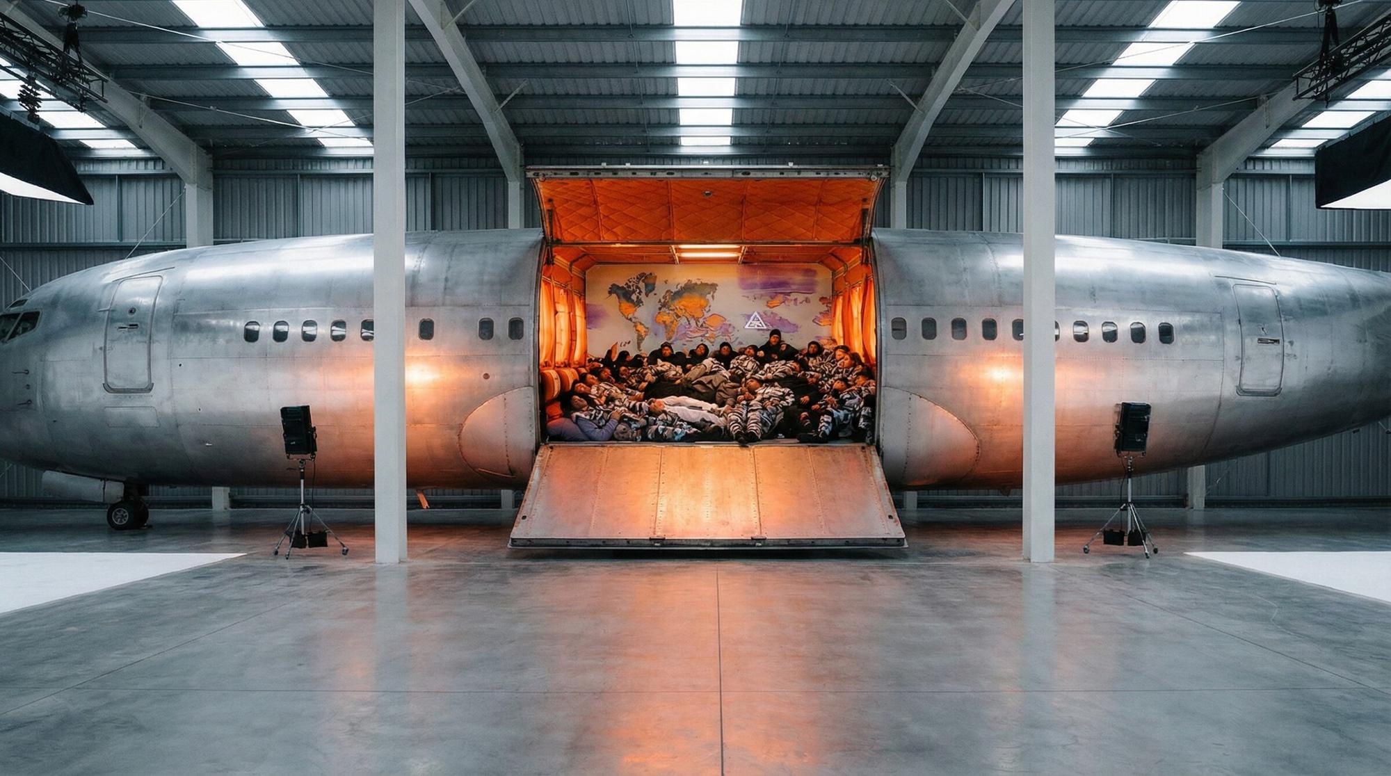 PAL — un avión en un hangar industrial, la carga abierta y la gente dentro.