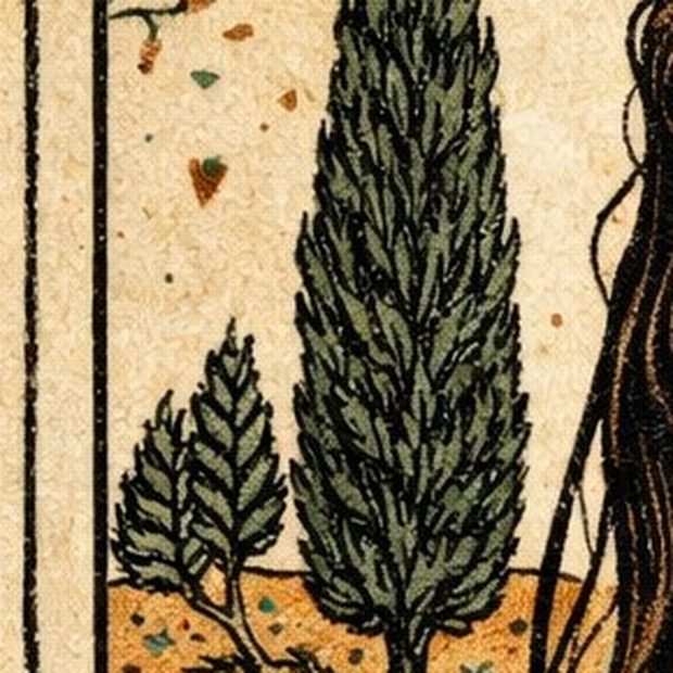 Card detail: cypresses on ochre ground.