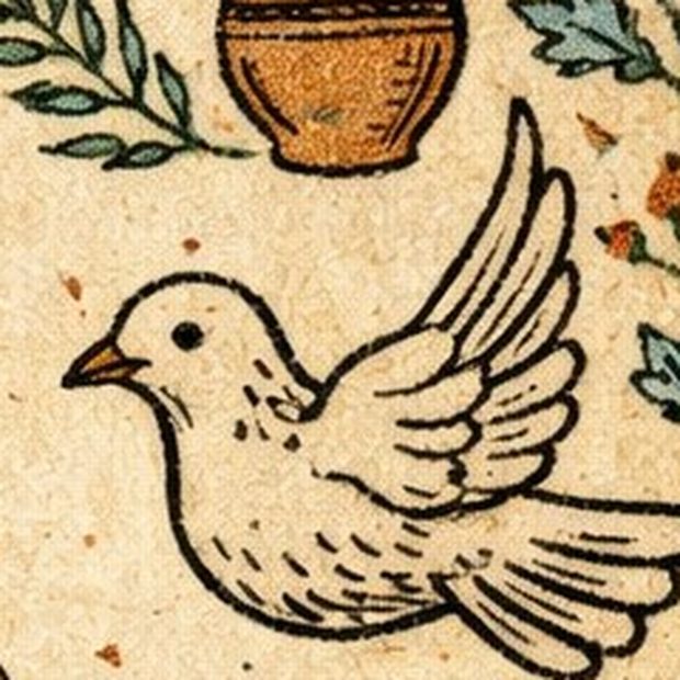 Card detail: a dove in flight under the clay vessel.