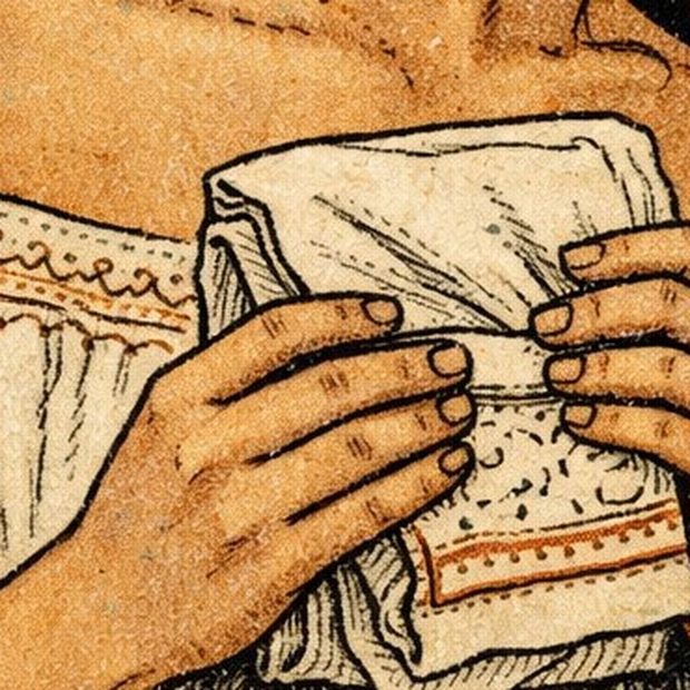 Card detail: hands holding a folded cloth.