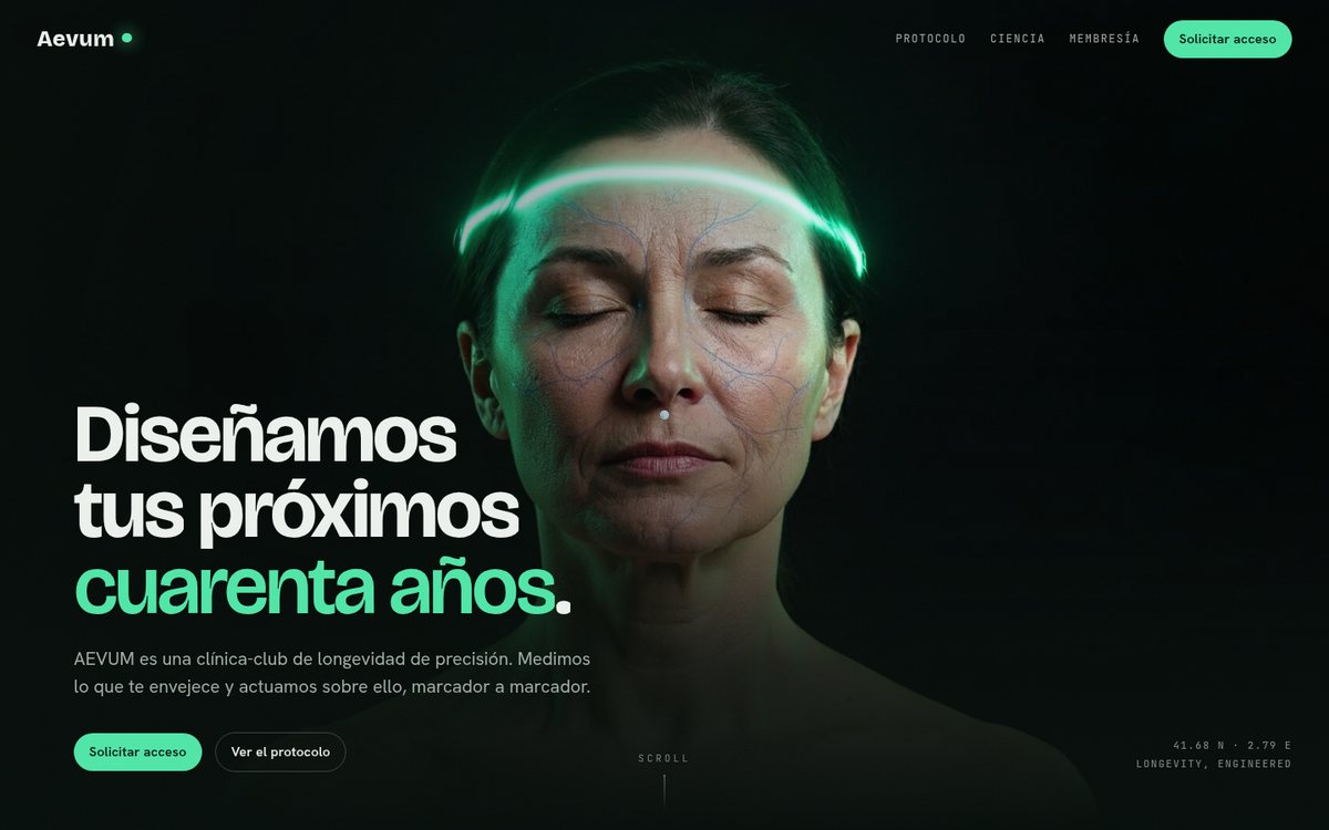 Web de AEVUM — clínica de longevidad, marca concepto del estudio