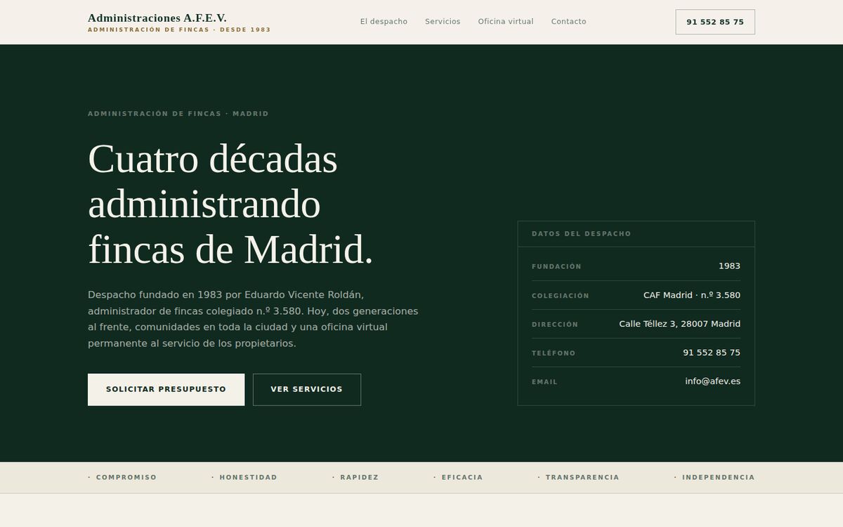 Web de Administraciones A.F.E.V., fincas en Madrid