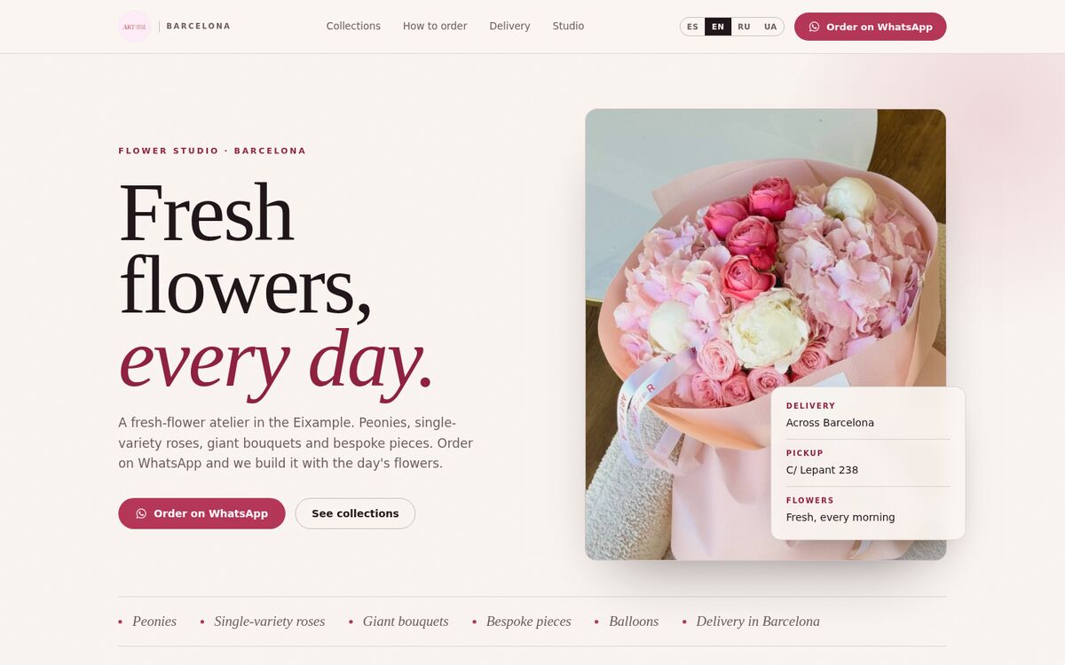 Web de ART Flower Studio, floristería en Barcelona