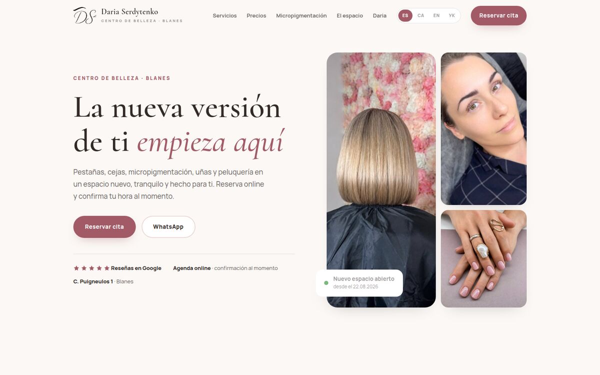 Web de Daria Serdytenko, centro de belleza en Blanes