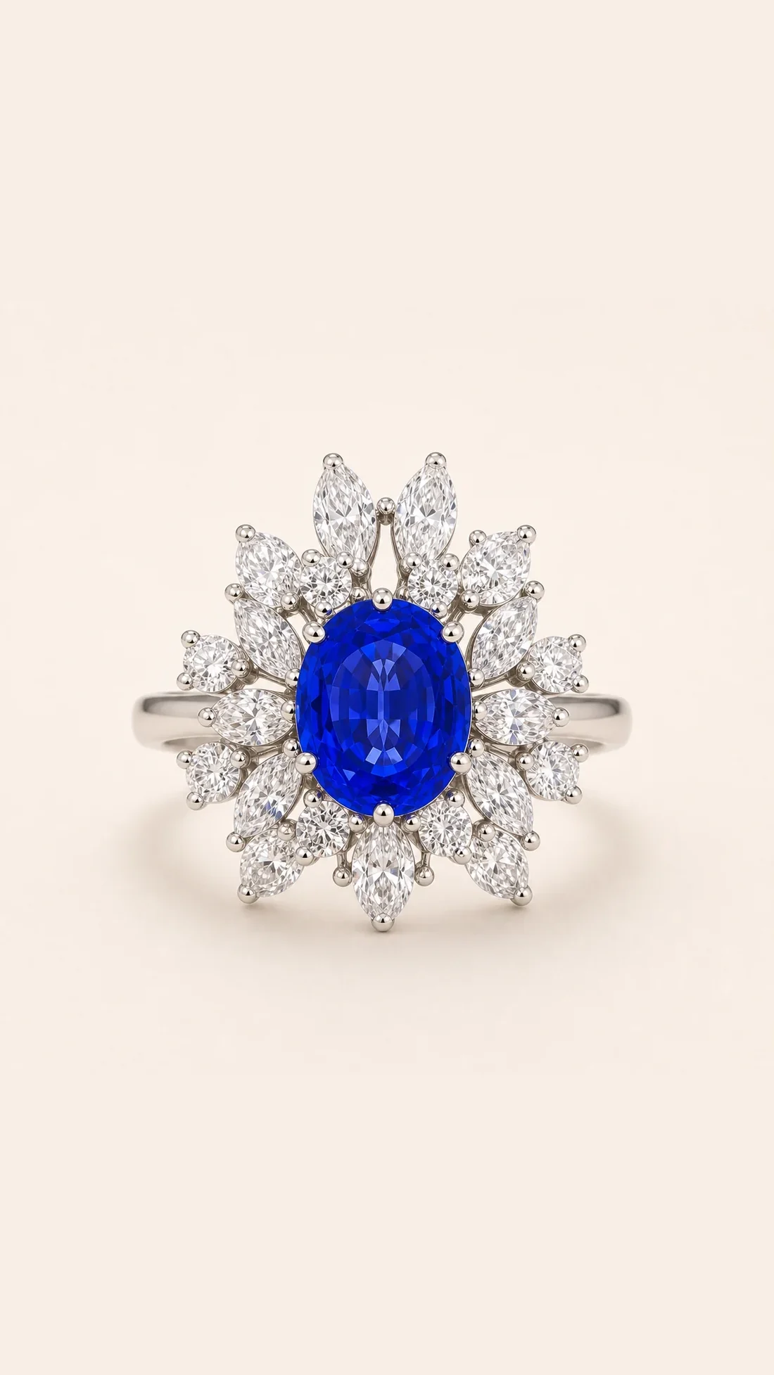 Anillo de zafiro azul con orla de diamantes en oro blanco