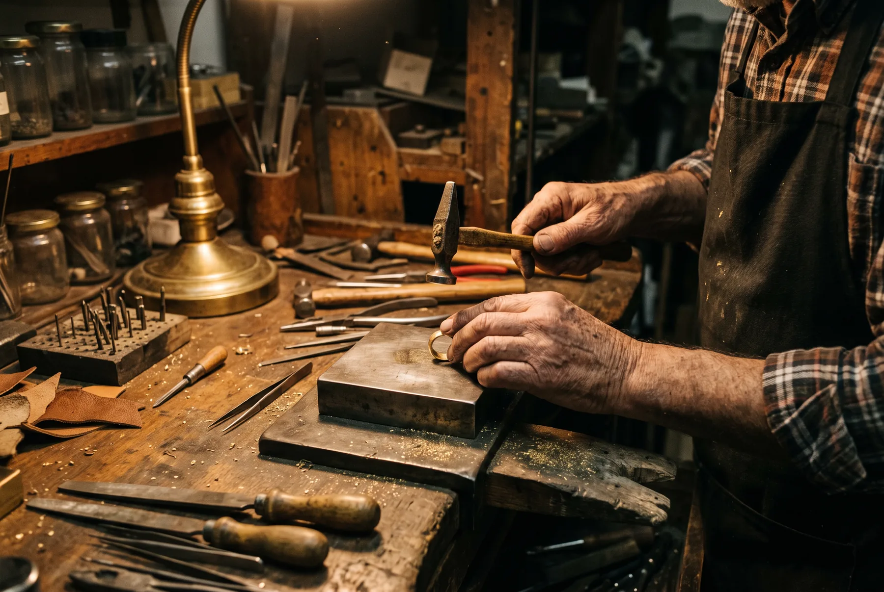 Manos de orfebre trabajando un anillo de oro en el banco del taller